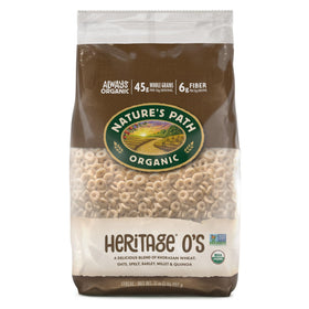 Nature's Path Heritage O's bag front highlighting organic, non-GMO ingredients for a wholesome breakfast.