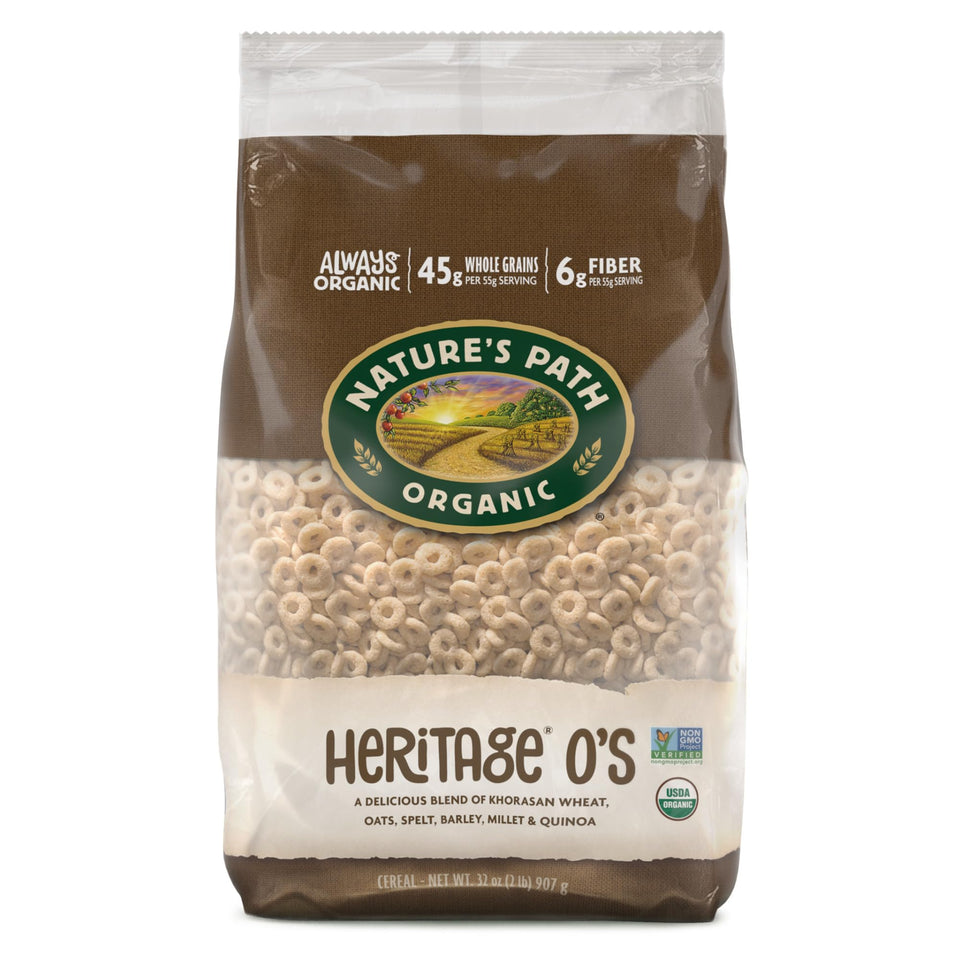 Nature's Path Heritage O's bag front highlighting organic, non-GMO ingredients for a wholesome breakfast.