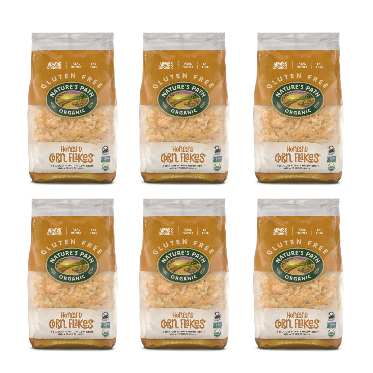 Nature's Path Honey'D Corn Flakes crunchy bowl shot shows long-lasting crunch with milk.