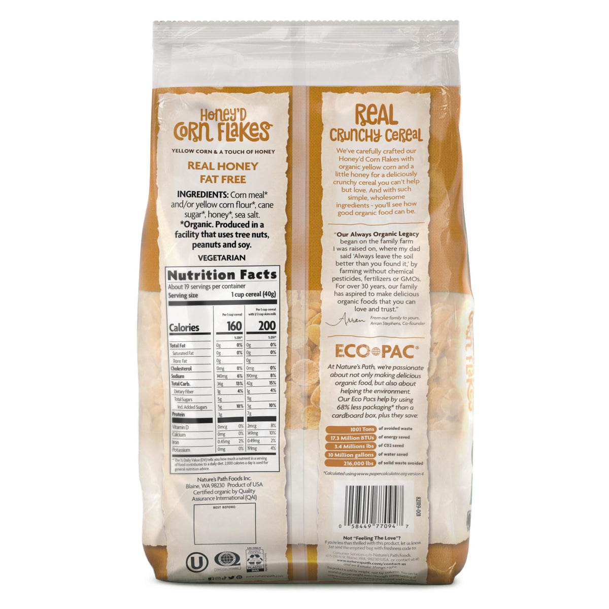 Nature's Path Honey'D Corn Flakes honey drizzle visual indicating natural sweetness.