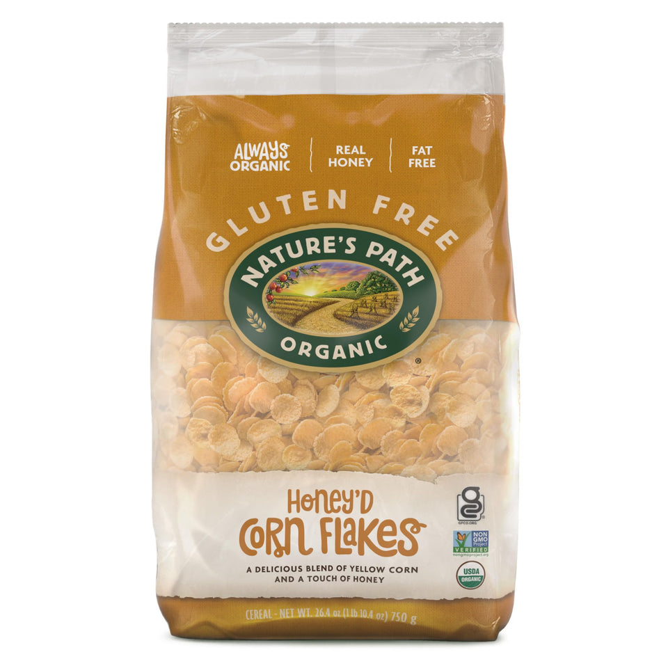 Nature's Path Honey'D Corn Flakes six-pack front view, ideal for quick gluten-free breakfasts.