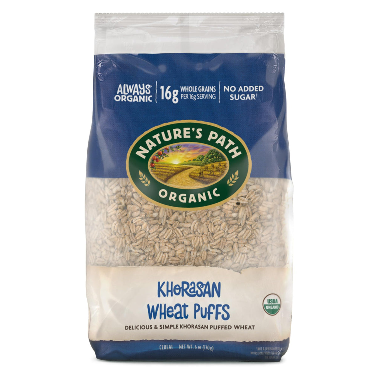 Nature's Path Kamut Puffs cereal packaging highlights eco-friendly bag and organic whole grains.