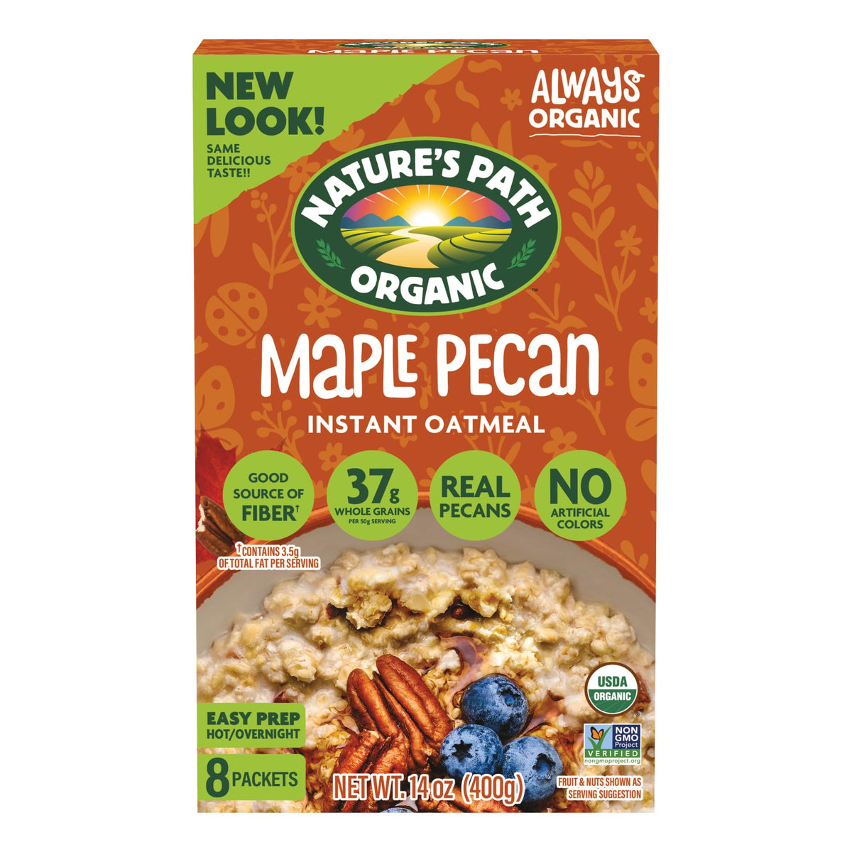 Nature's Path Maple Nut Instant Oatmeal box front view, quick wholesome breakfast option
