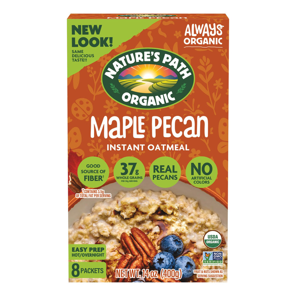 Nature's Path Maple Nut Instant Oatmeal box front view, quick wholesome breakfast option