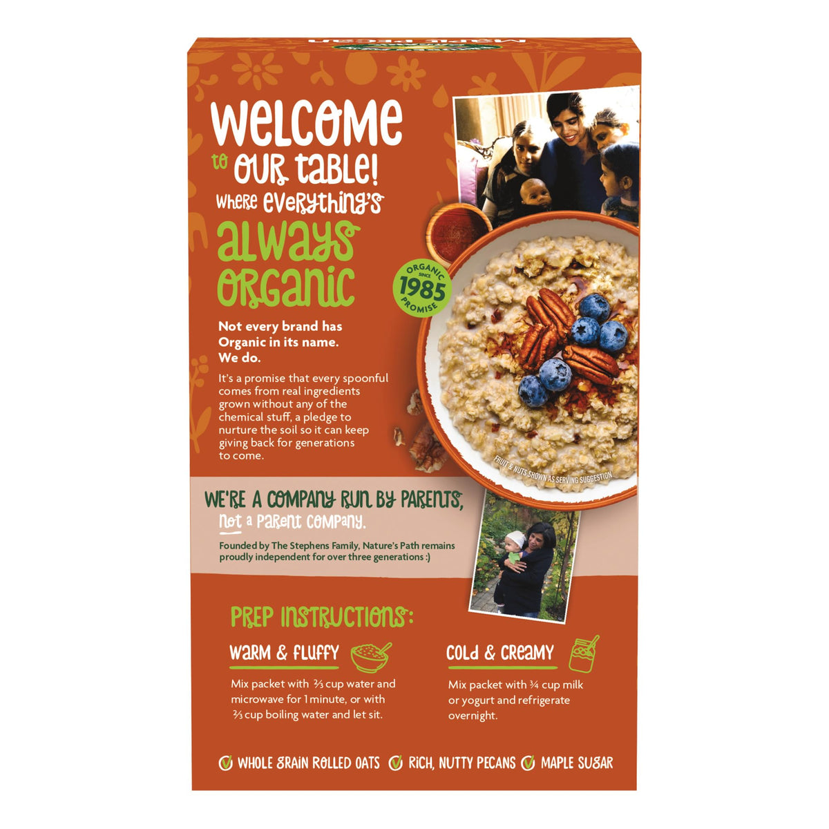 Nature's Path maple nut oats nutrition panel notes fiber and protein
