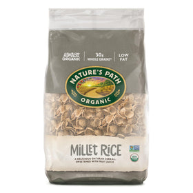Nature's Path Millet Rice Flakes cereal box beside a bowl for a crunchy breakfast