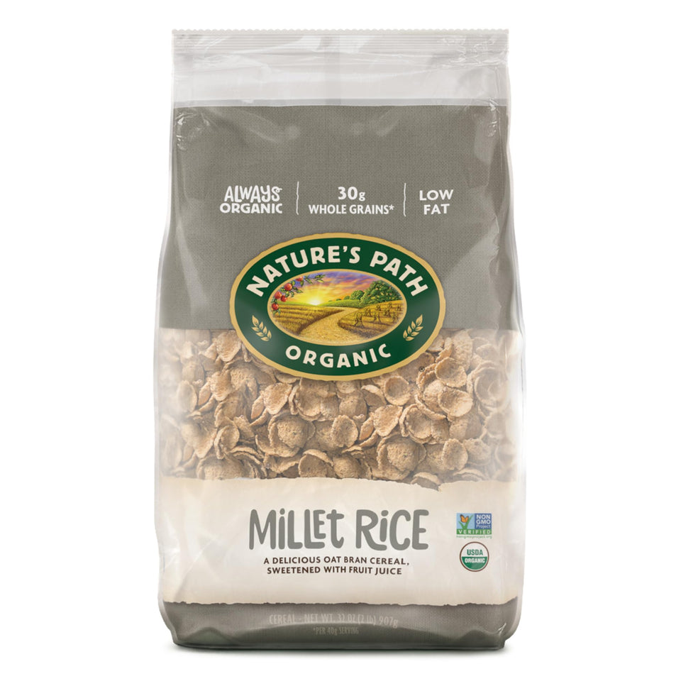 Nature's Path Millet Rice Flakes cereal box beside a bowl for a crunchy breakfast