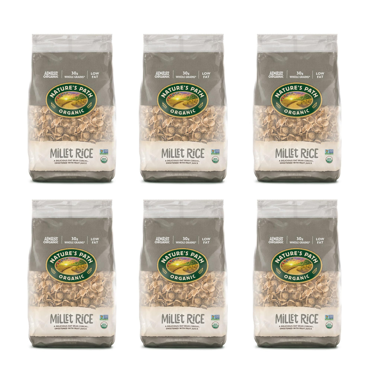 Nature's Path millet rice flakes cereal being poured into milk for quick crunch