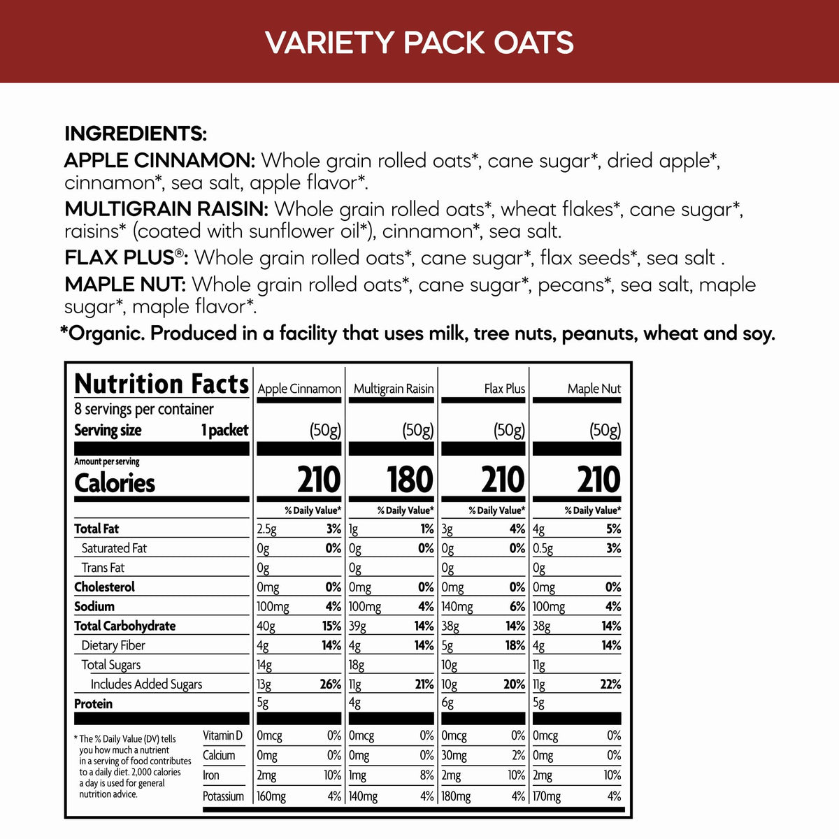 Nature's Path Oats box front shows six flavors and clear nutrition info