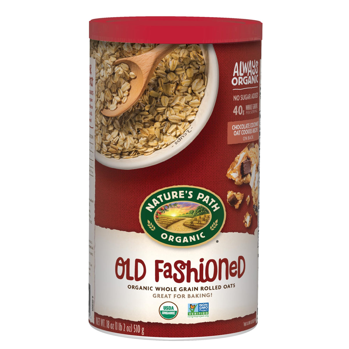 Nature's Path Old Fashioned Oats canister front view for pantry and baking.