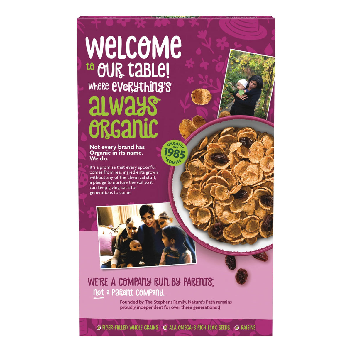 Organic cereal on a kitchen shelf from Nature's Path.