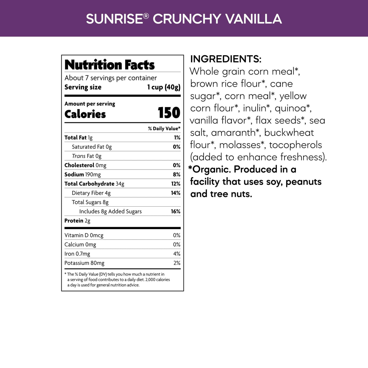 Organic gluten-free label on Nature's Path Sunrise Crunchy Vanilla cereal.