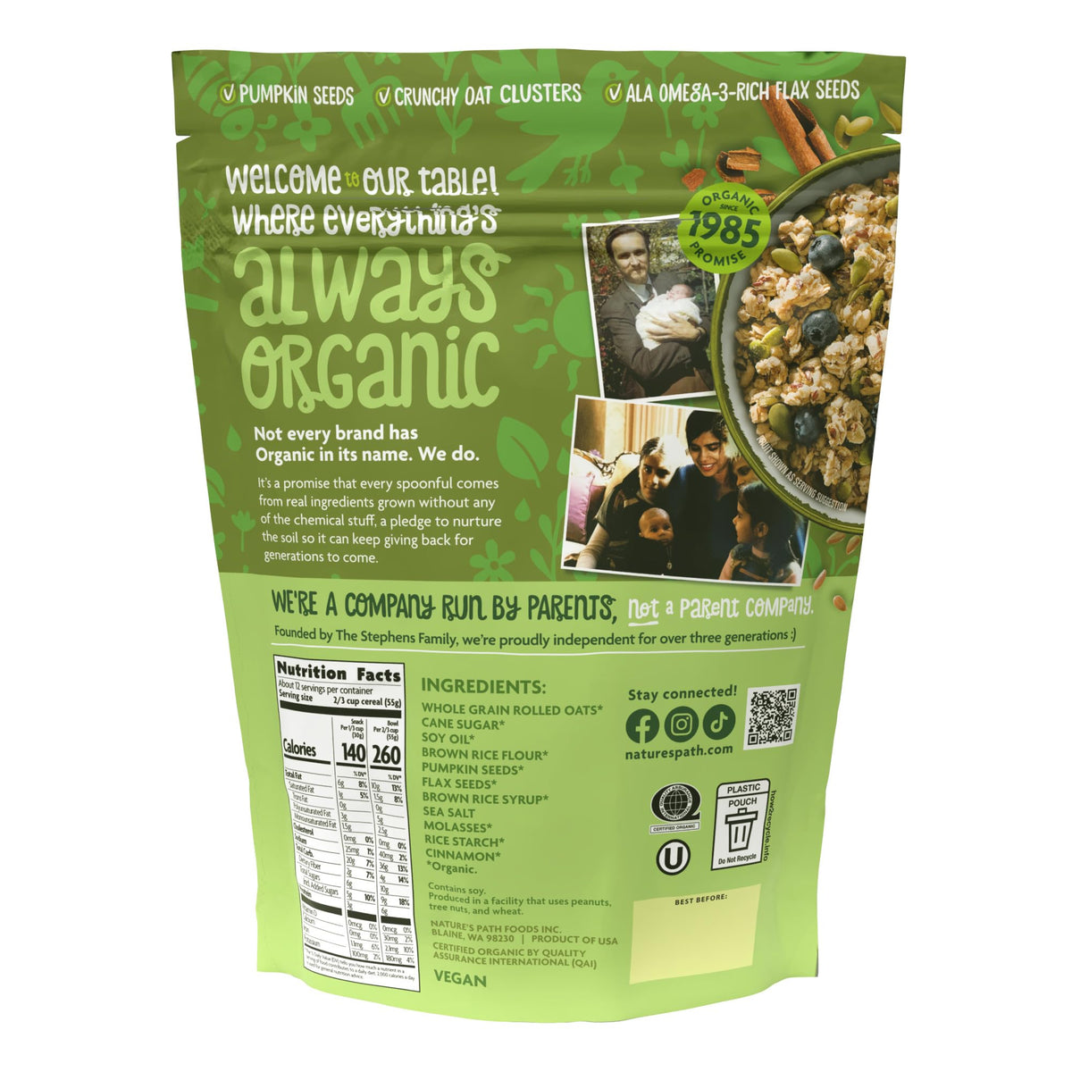 Nature's Path Organic non-GMO granola with warm cinnamon notes