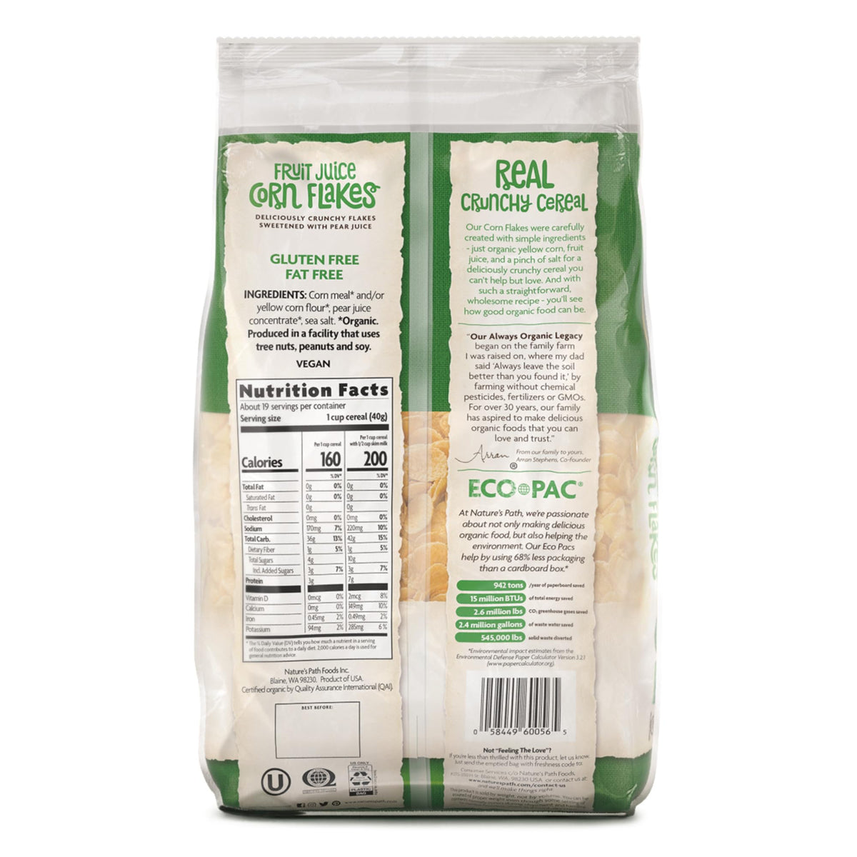 Organic, non-GMO icons with Nature's Path branding on cereal box