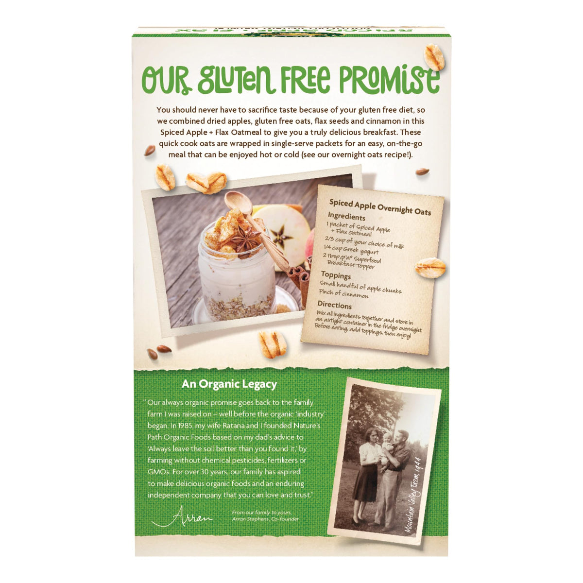 Organic oats, gluten-free and Non-GMO ingredients highlighted on the box.