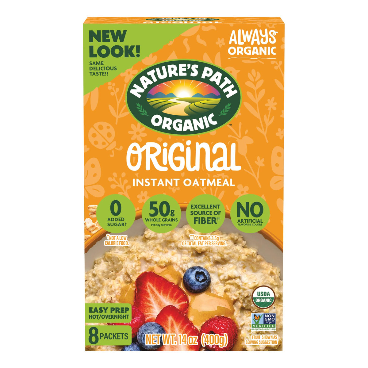 Nature's Path Original Instant Oatmeal box highlighting organic oats for a quick breakfast.