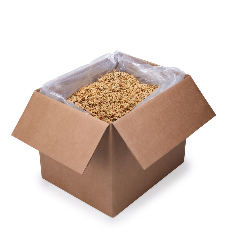 Nature's Path Pumpkin Seed Flax Granola clusters in a bowl, hearty breakfast