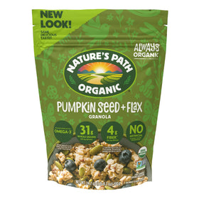 Nature's Path Pumpkin Seed Flax Granola packaging showing six pouches for convenient mornings