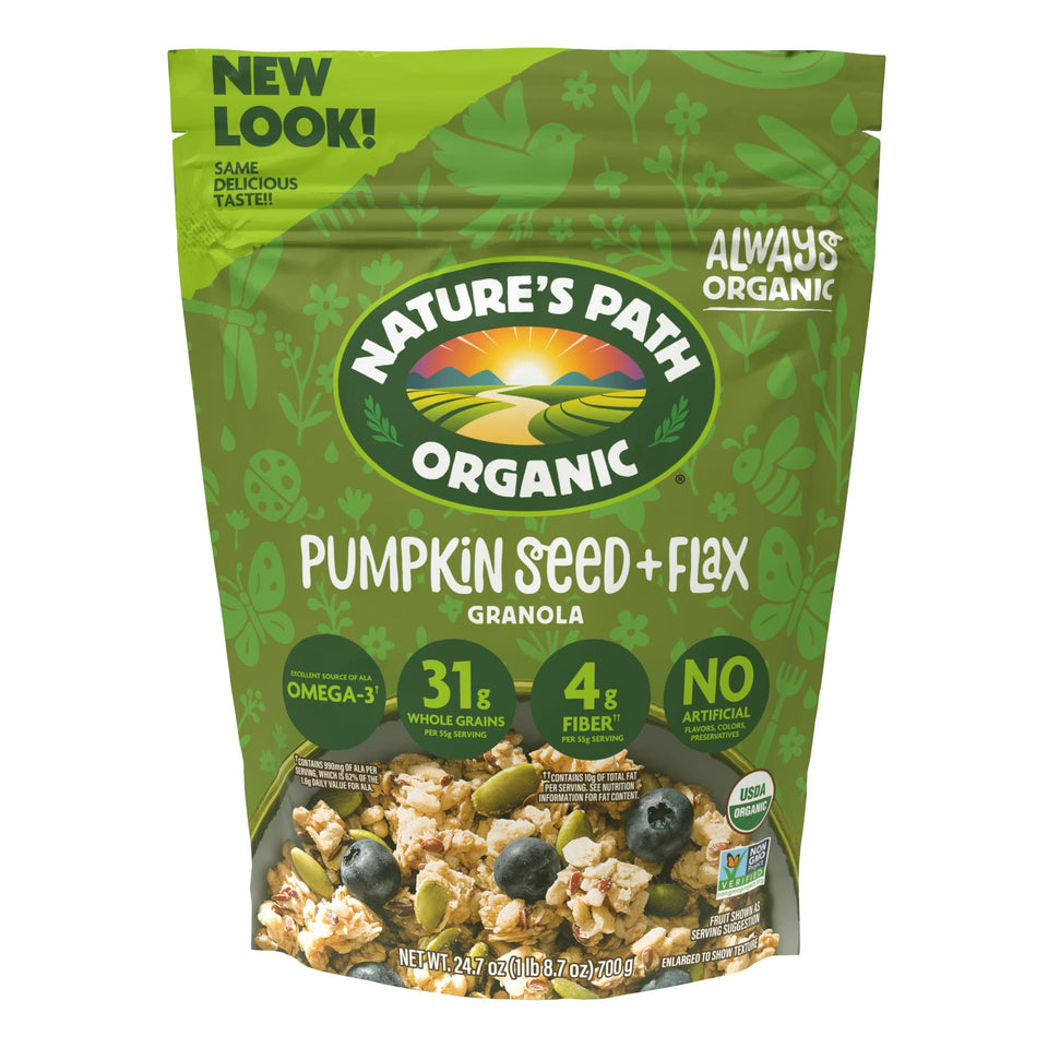 Nature's Path Pumpkin Seed Flax Granola packaging showing six pouches for convenient mornings