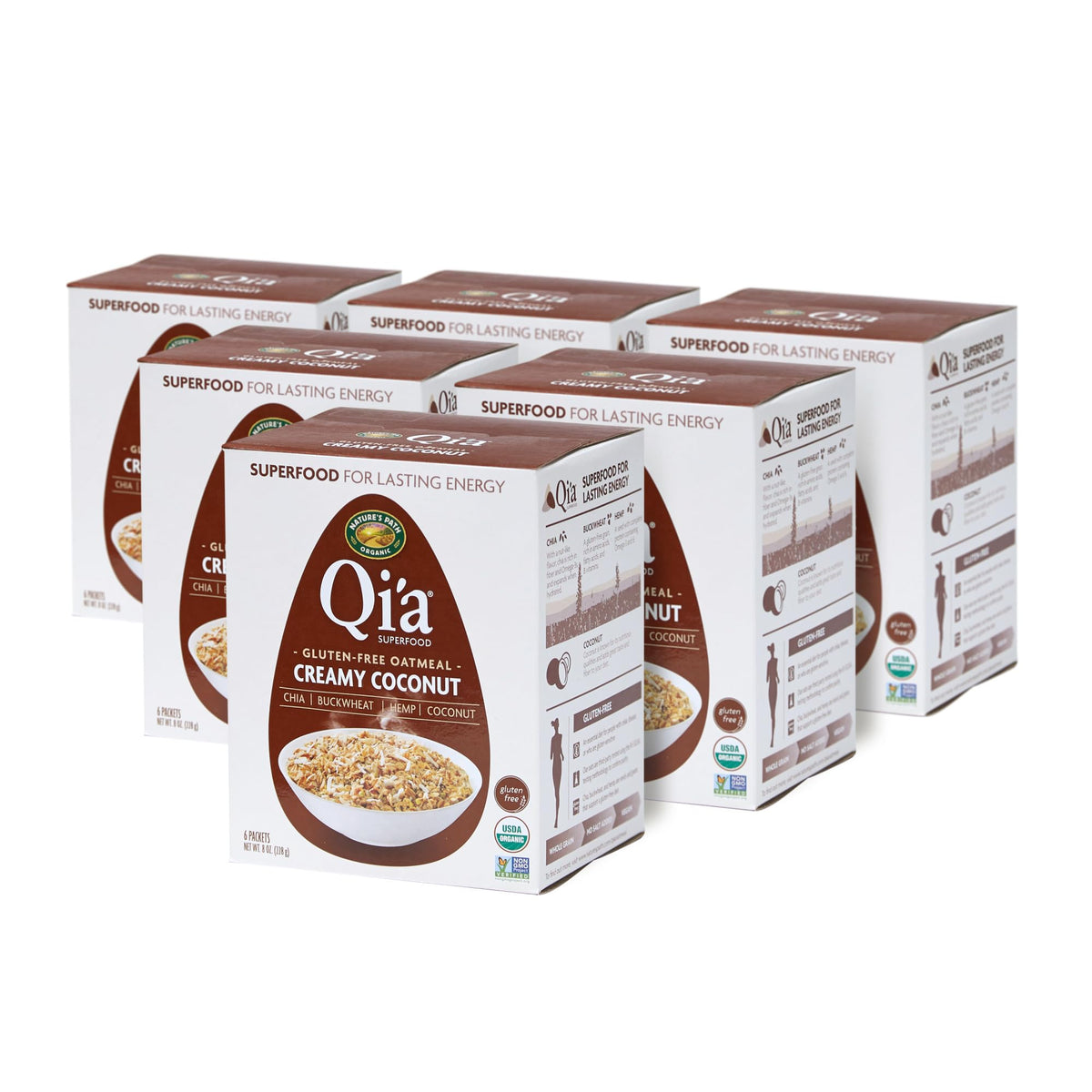 Nature's Path Qi'a Creamy Coconut Oatmeal bowl with toppings shows protein and fiber.
