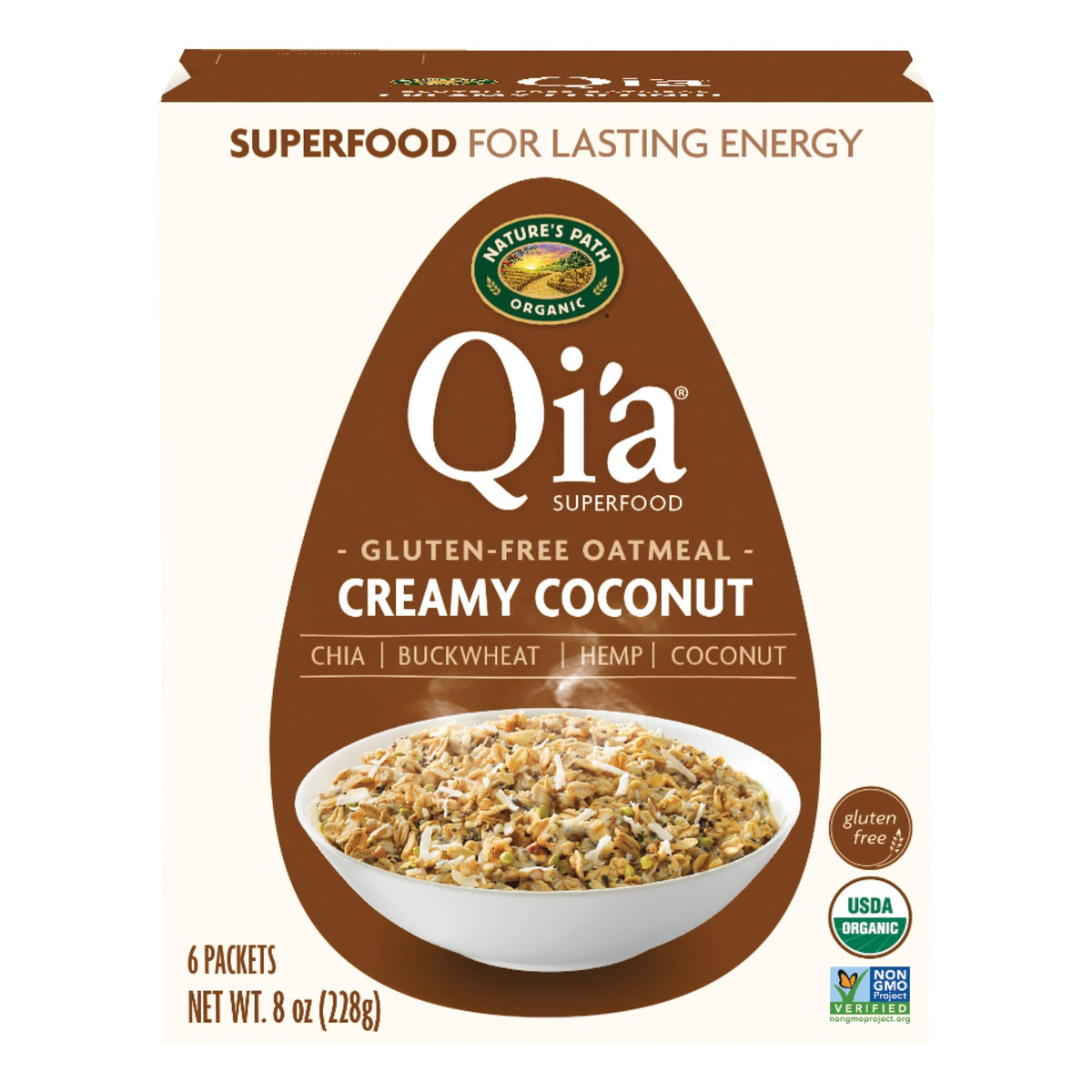 Nature's Path Qi'a Creamy Coconut Oatmeal box highlights gluten-free breakfast.