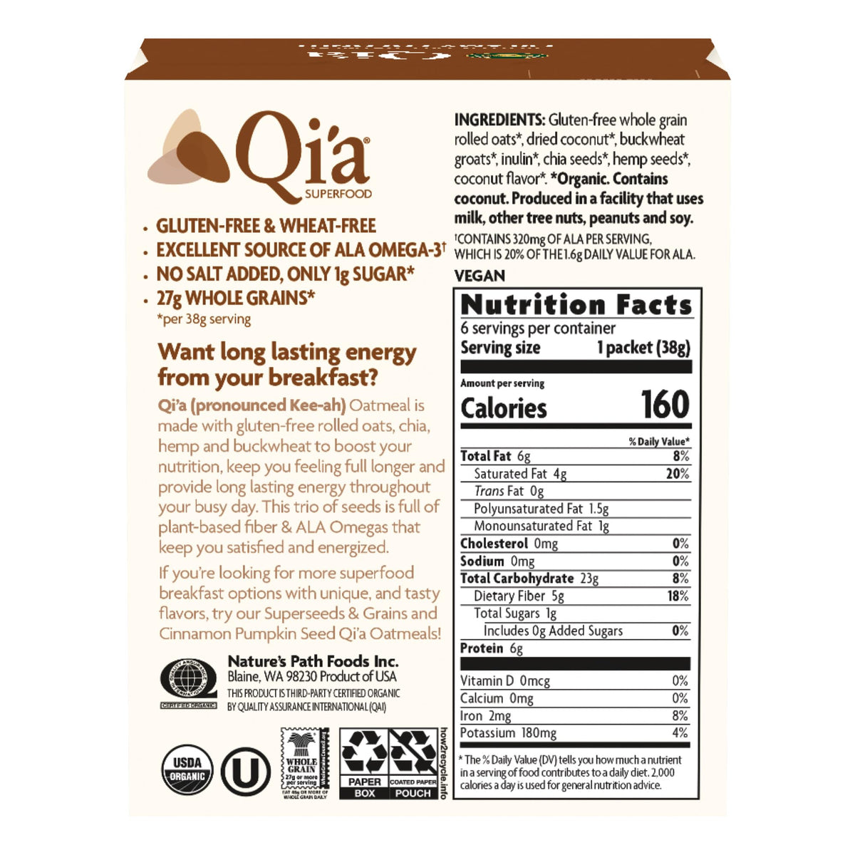 Nature's Path Qi'a Creamy Coconut Oatmeal breakfast setup with organic ingredients.