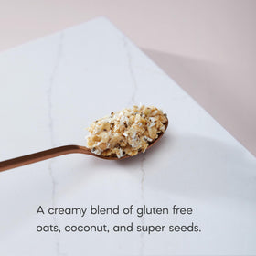 Nature's Path Qi'a Creamy Coconut Oatmeal ingredients closeup with chia and hemp seeds.