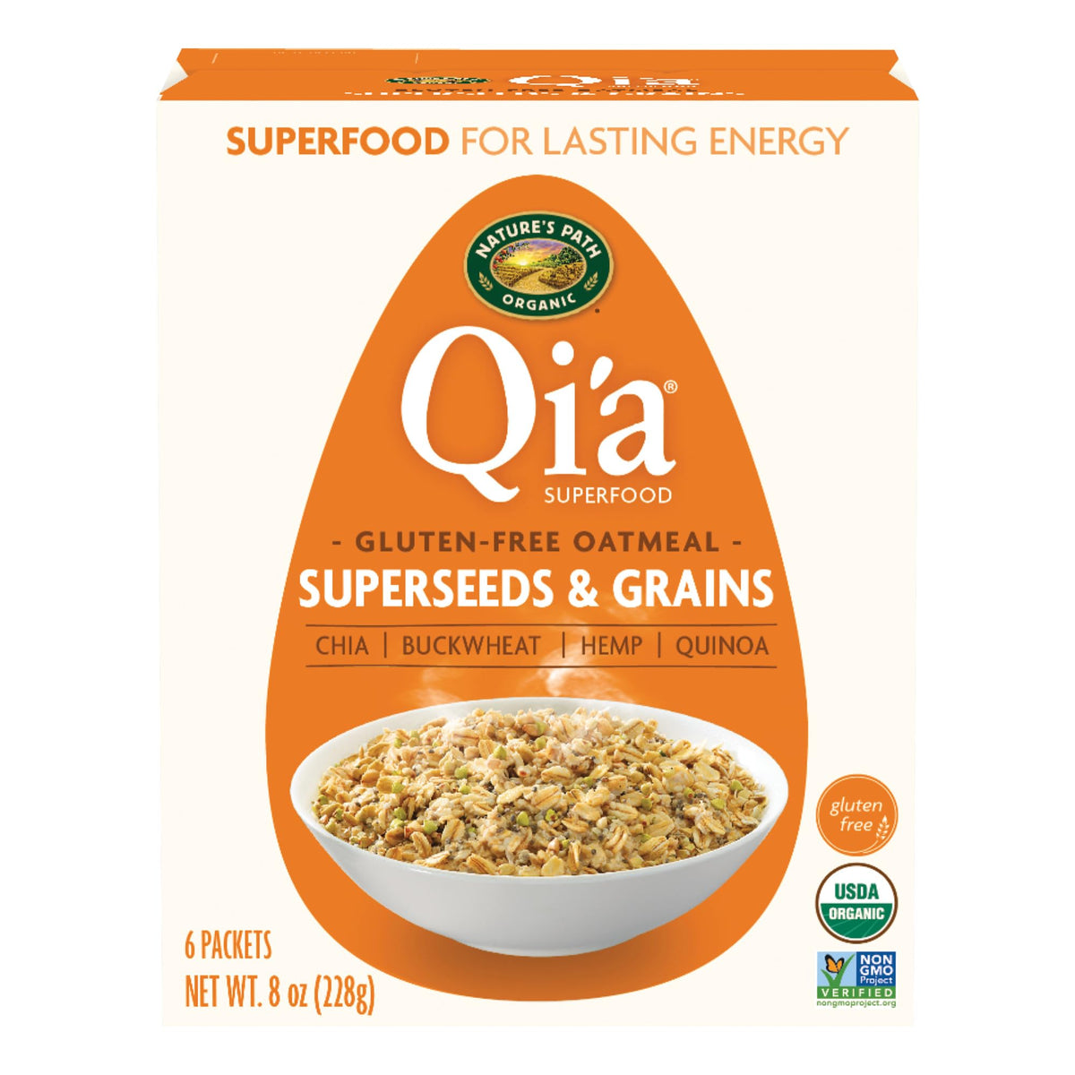 Nature's Path Qi’a Instant Oatmeal box ready for a hearty breakfast.
