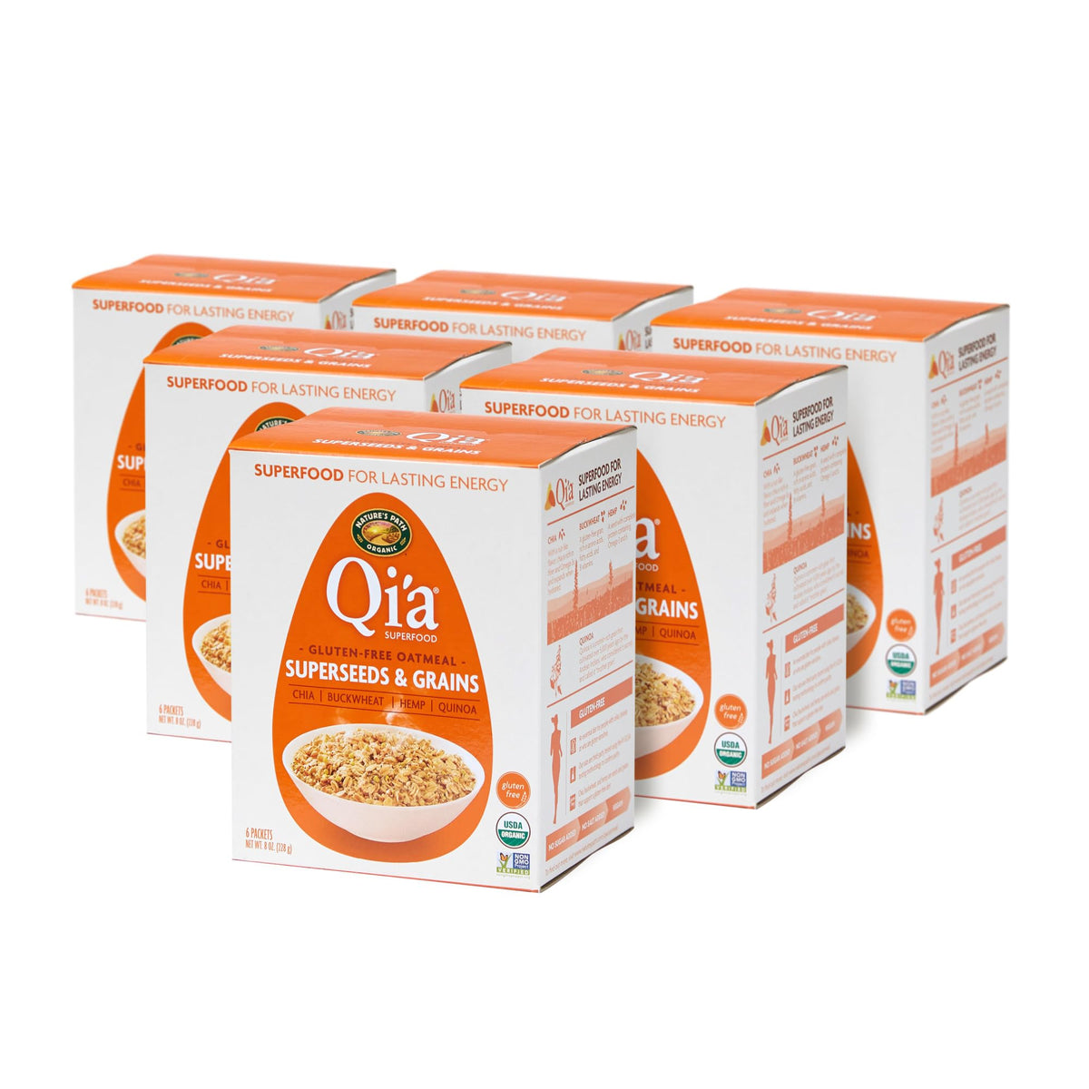 Closeup of Nature's Path Qi’a packaging highlighting gluten-free oats.