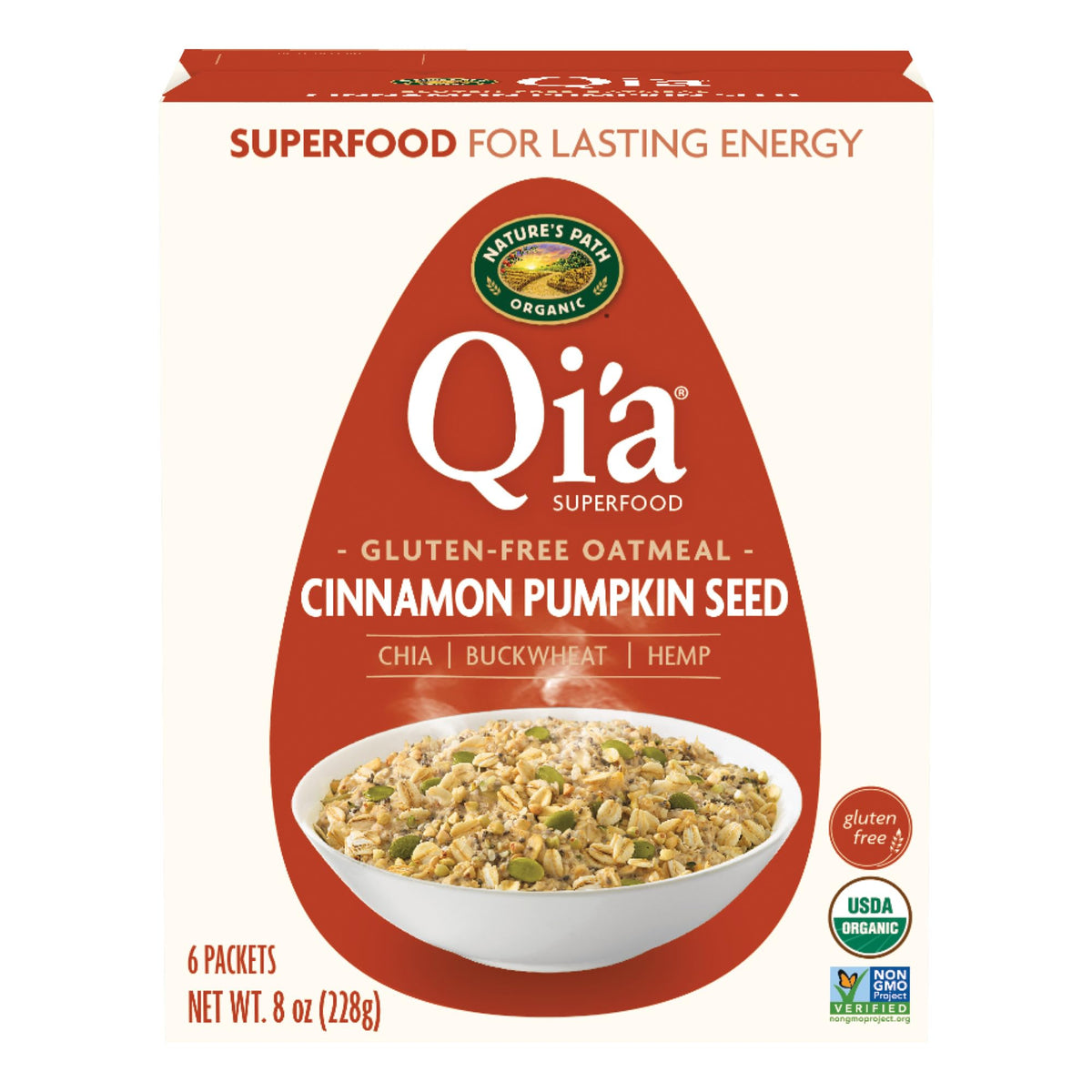 Nature's Path Qi’a Cinnamon Pumpkin Seed Instant Oatmeal box highlighting gluten-free breakfast option