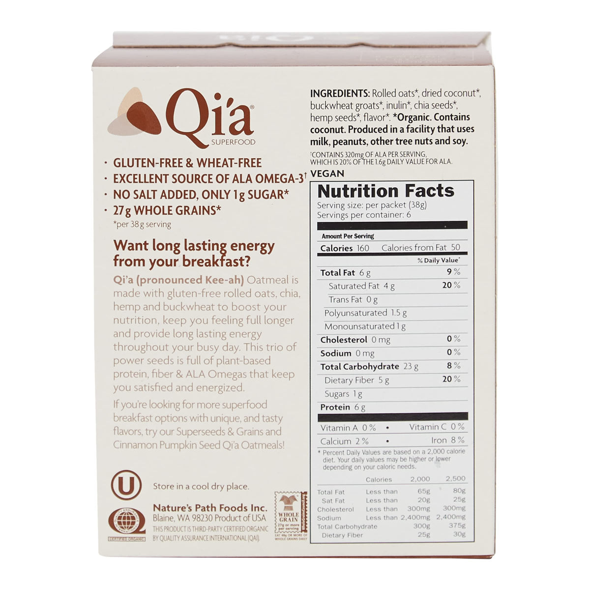 Nature's Path Qi'a creamy coconut oatmeal bowl ready for a warm breakfast.
