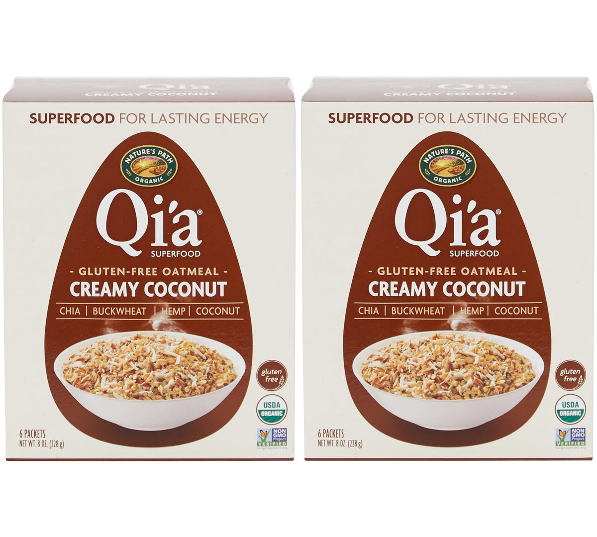 Nature's Path Qi'a organic hot oatmeal box with creamy coconut for convenient breakfasts.