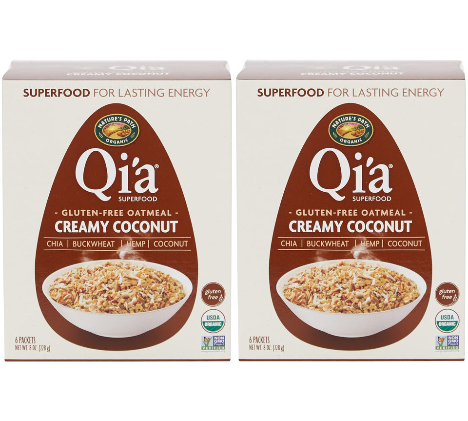 Nature's Path Qi'a organic hot oatmeal box with creamy coconut for convenient breakfasts.