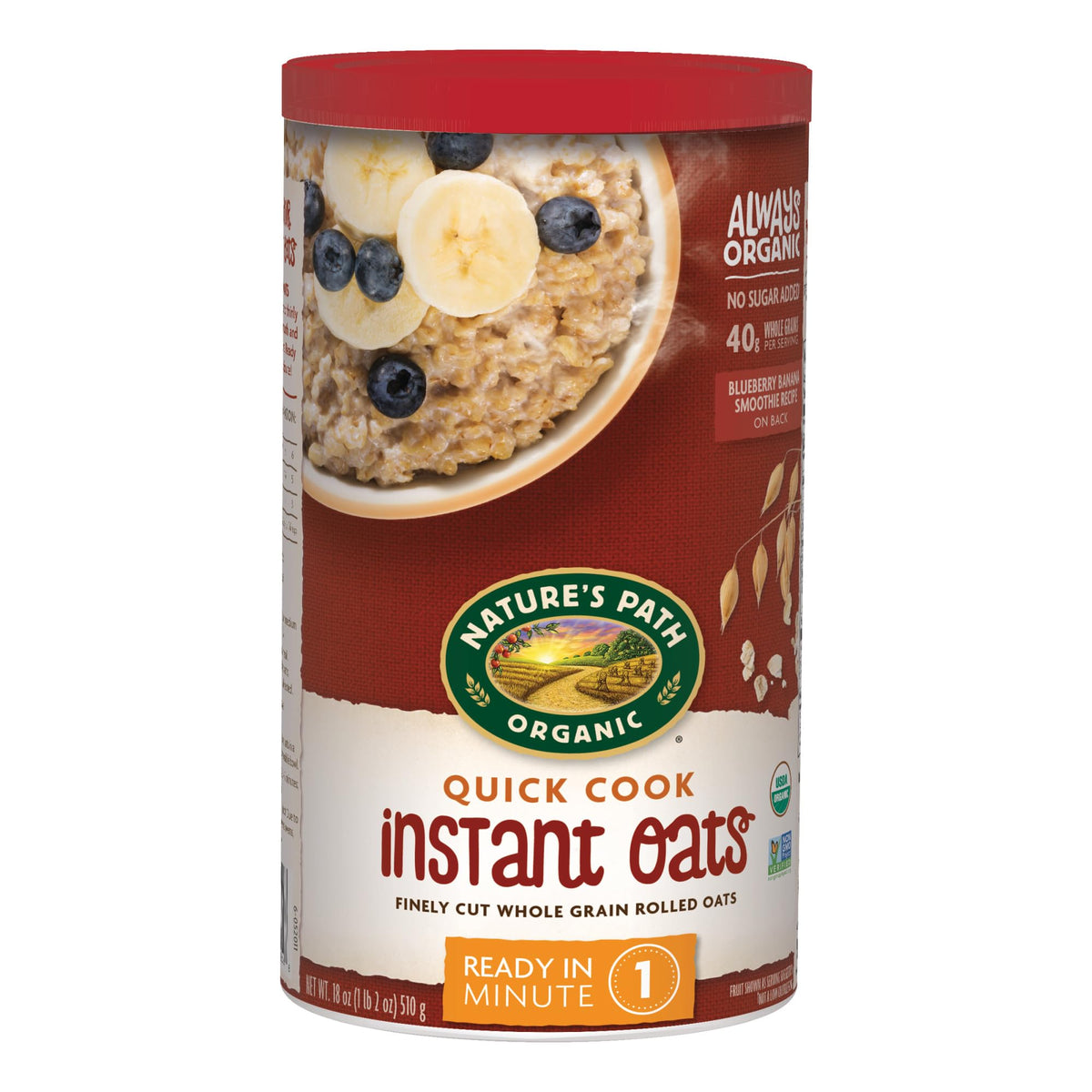Nature's Path quick cook oatmeal canister showing 18 oz packaging for a convenient daily breakfast.