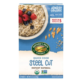 Nature's Path quick cook steel cut oats box front for a fast, wholesome breakfast.