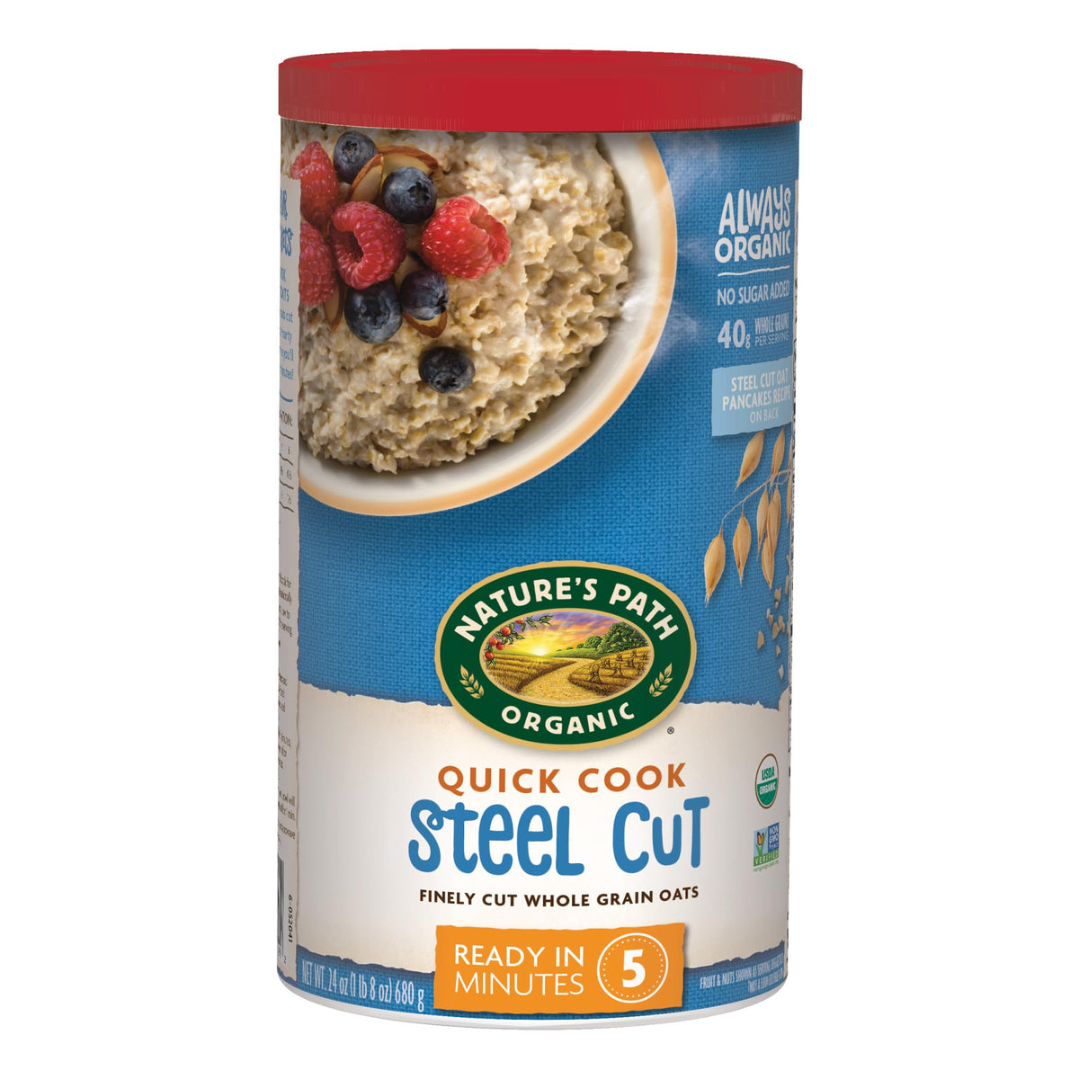 Nature's Path quick cook steel cut oatmeal six-pack canisters for easy mornings.