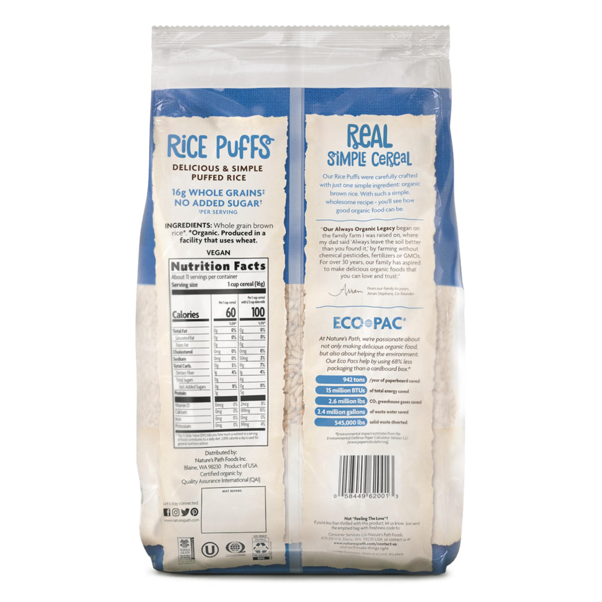 Nature's Path Rice Puffs 12-pack on pantry shelf for easy breakfasts.