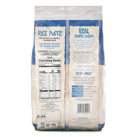 Nature's Path Rice Puffs 12-pack on pantry shelf for easy breakfasts.