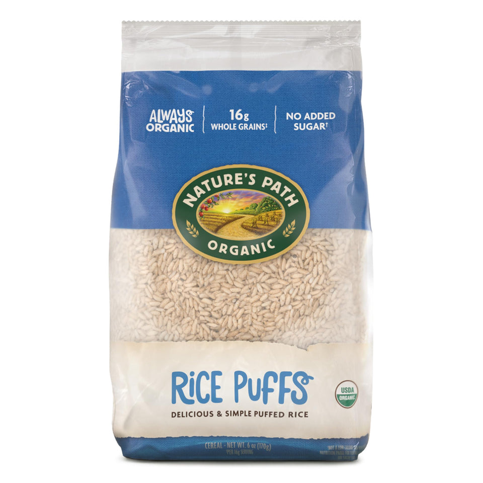 Nature's Path Rice Puffs packaging with eco-pac bag, reducing waste.