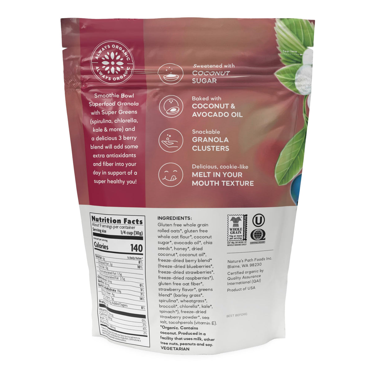 Nature's Path granola with broccoli, kale and spinach boosts green goodness.