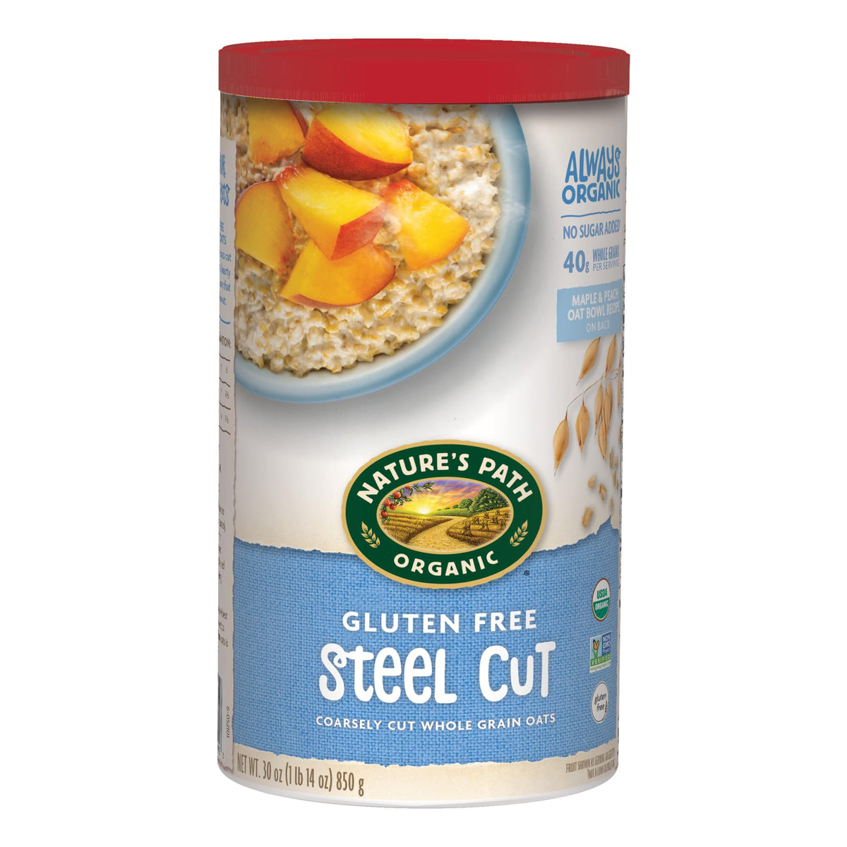 Nature's Path steel cut oats canister on counter, gluten-free and organic