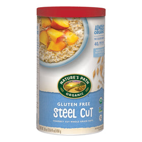 Nature's Path steel cut oats canister on counter, gluten-free and organic