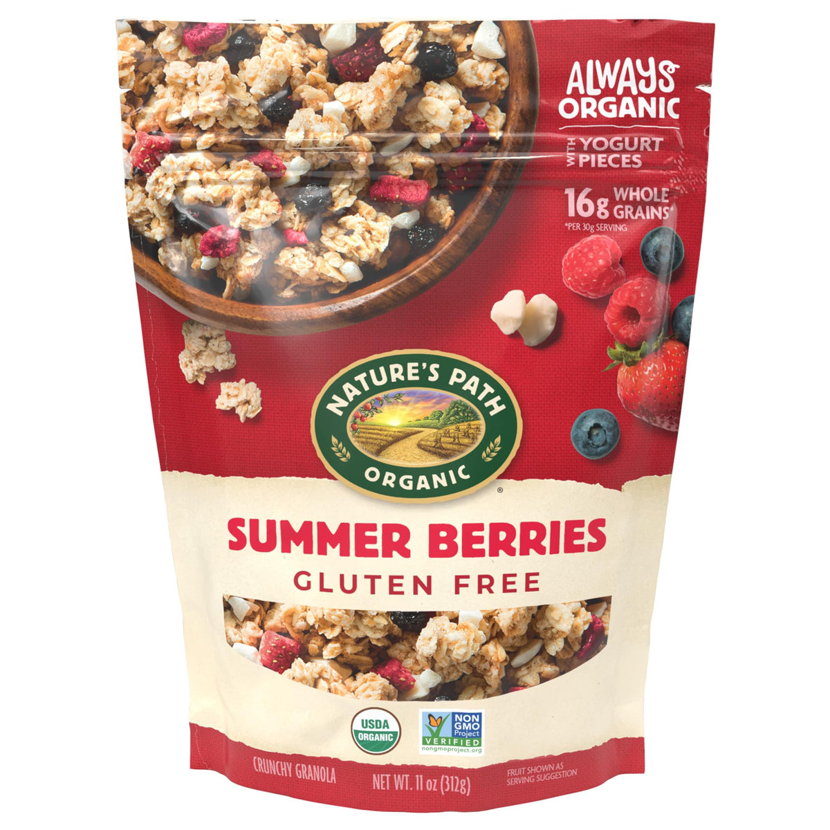 Nature's Path Summer Berries Granola clusters in a bowl, gluten-free and crunchy.