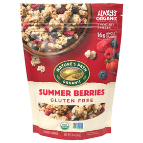 Nature's Path Summer Berries Granola clusters in a bowl, gluten-free and crunchy.