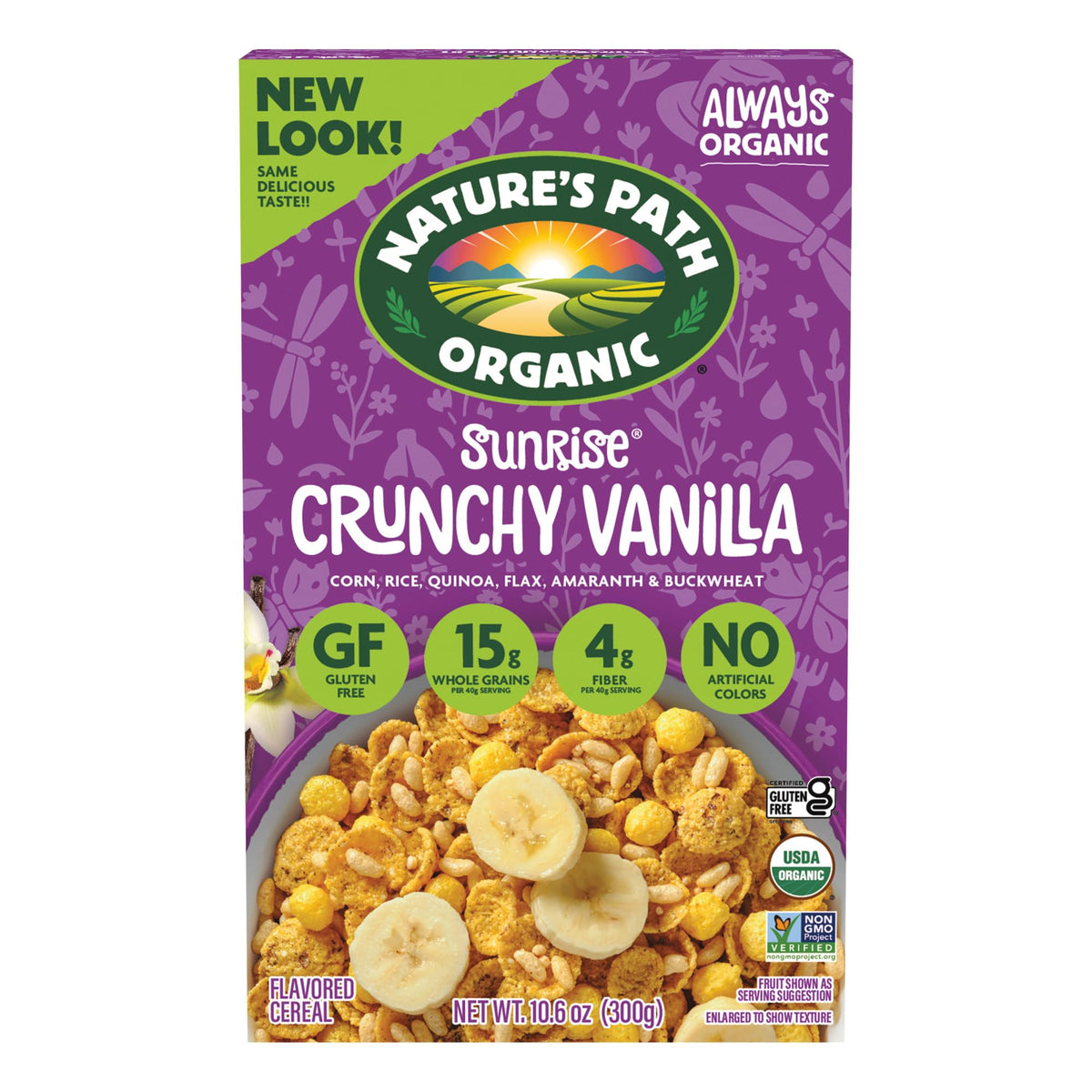 Nature's Path Sunrise Crunchy Vanilla cereal packaging showing gluten-free, non-GMO goodness.