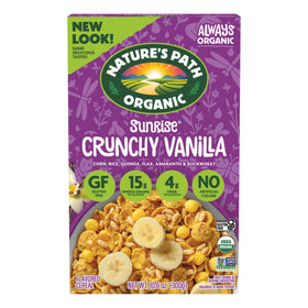 Nature's Path Sunrise Crunchy Vanilla cereal packaging showing gluten-free, non-GMO goodness.