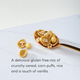 Pouring Nature's Path Sunrise Crunchy Vanilla cereal into a bowl.