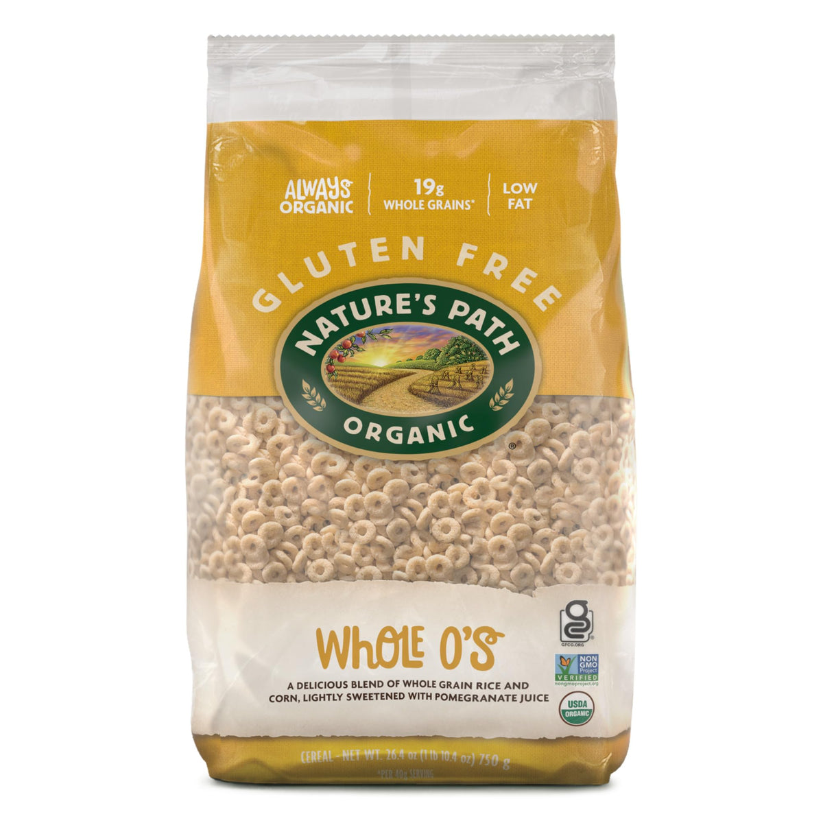 Nature's Path Whole O's cereal packaging in an eco-friendly bag, reducing waste.