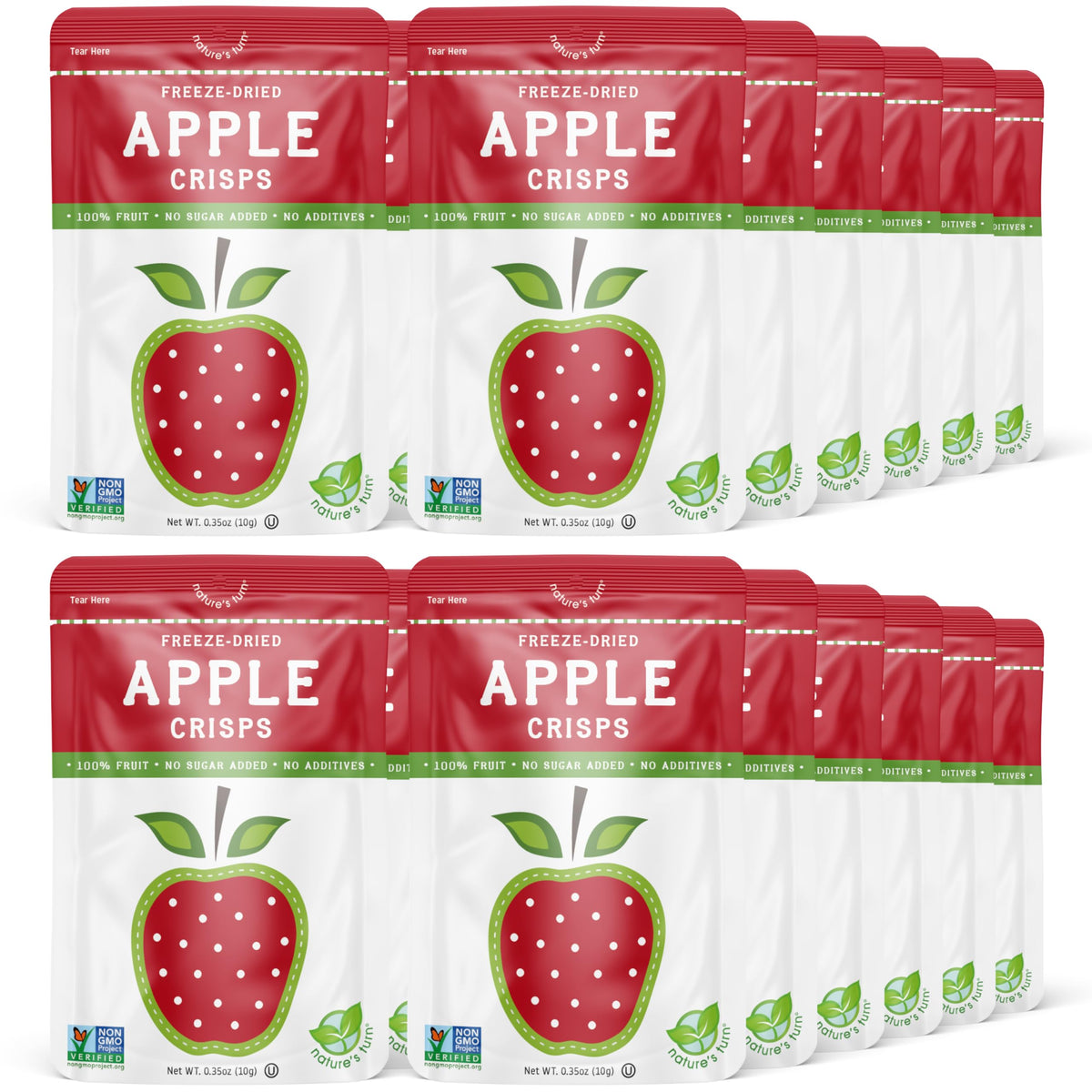 Nature's Turn freeze-dried apple crisps bag shows a crunchy, convenient on-the-go snack.