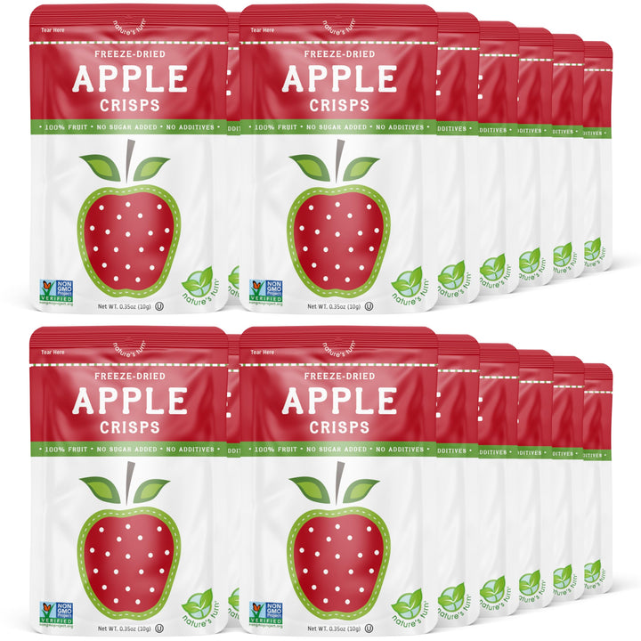 Nature's Turn freeze-dried apple crisps bag shows a crunchy, convenient on-the-go snack.